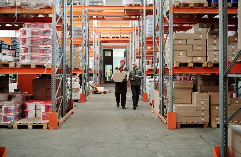 Distribution warehouse with stocked shelves